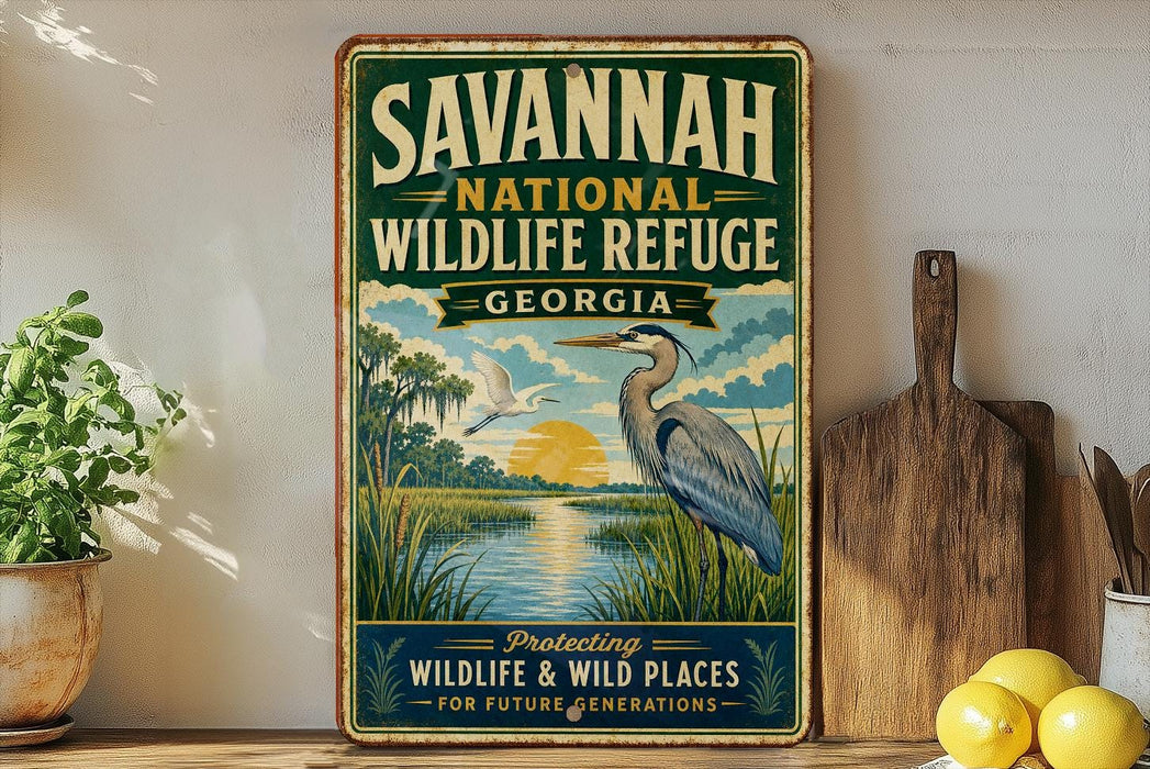 A vintage-style sign for the Savannah National Wildlife Refuge in Georgia, featuring an illustration of a bird and a serene landscape.