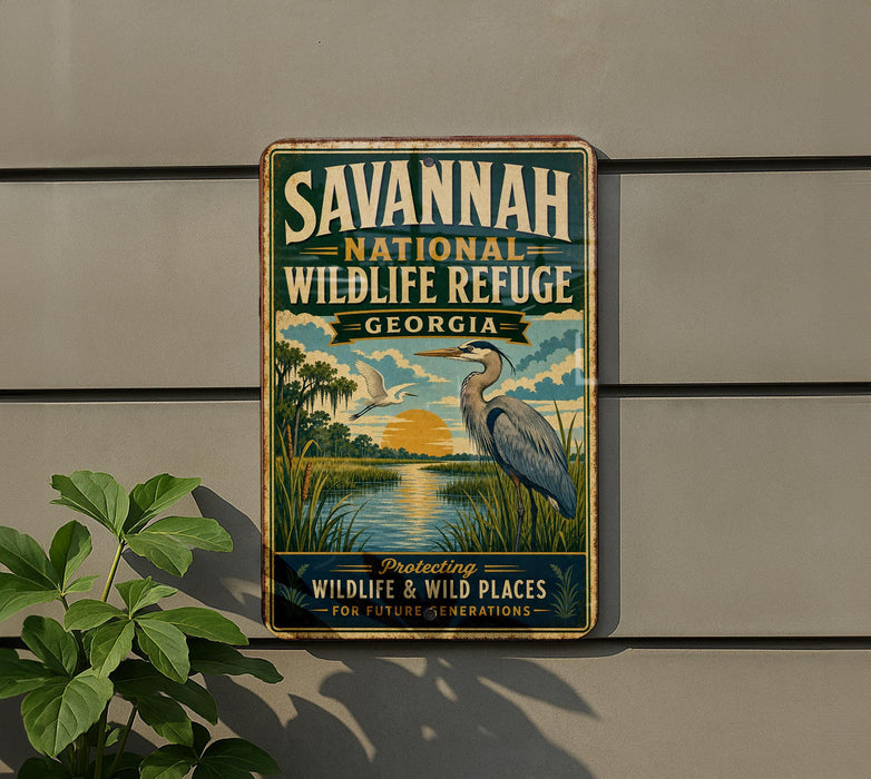 A vintage-style metal sign for the Savannah National Wildlife Refuge in Georgia, featuring an illustration of a bird and a landscape scene.