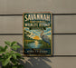 A vintage-style metal sign for the Savannah National Wildlife Refuge in Georgia, featuring an illustration of a bird and a landscape scene.