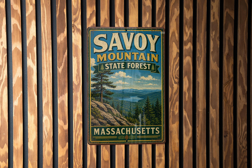 A vintage metal sign for Savoy Mountain State Forest in Massachusetts, featuring a scenic landscape with pine trees and a lake.