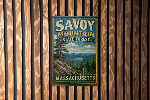 A vintage metal sign for Savoy Mountain State Forest in Massachusetts, featuring a scenic landscape with pine trees and a lake.