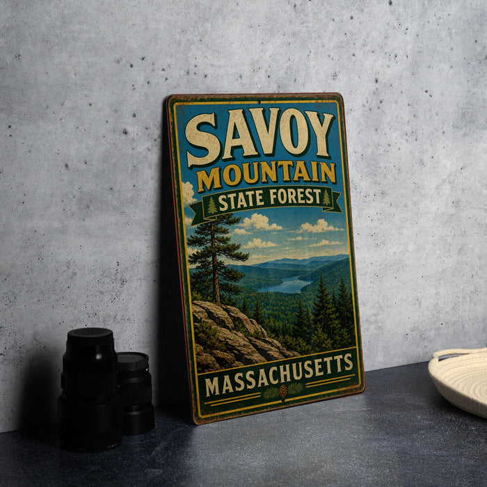 A vintage metal sign for Savoy Mountain State Forest in Massachusetts, featuring a scenic landscape with pine trees and a lake.