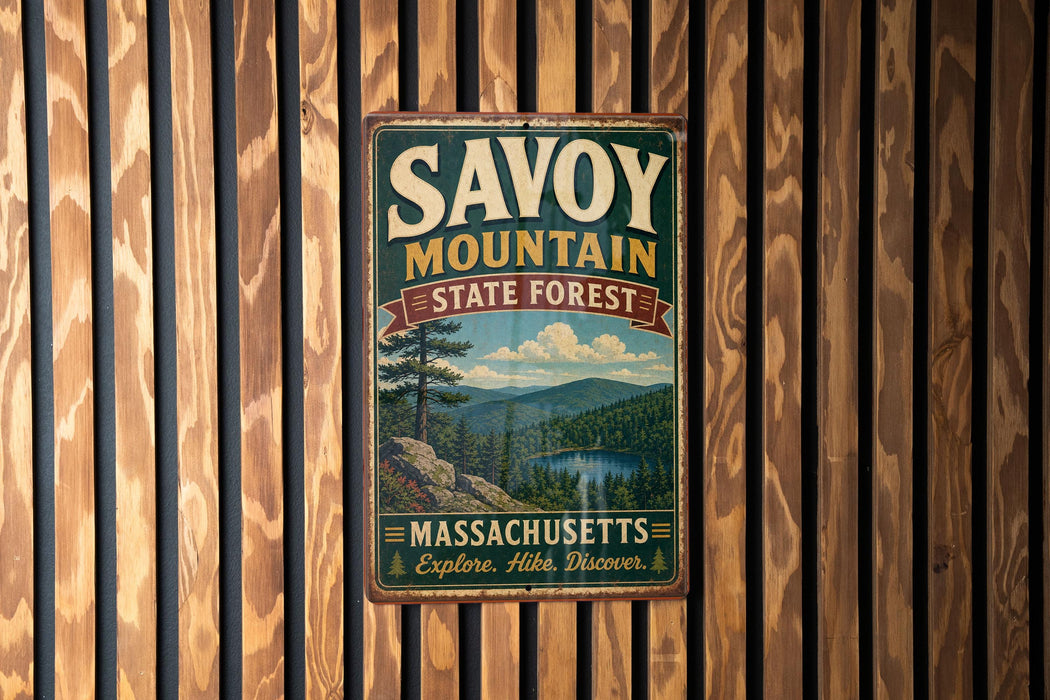 A vintage metal sign for Savoy Mountain State Forest in Massachusetts, featuring a scenic landscape with pine trees, a lake, and mountains.