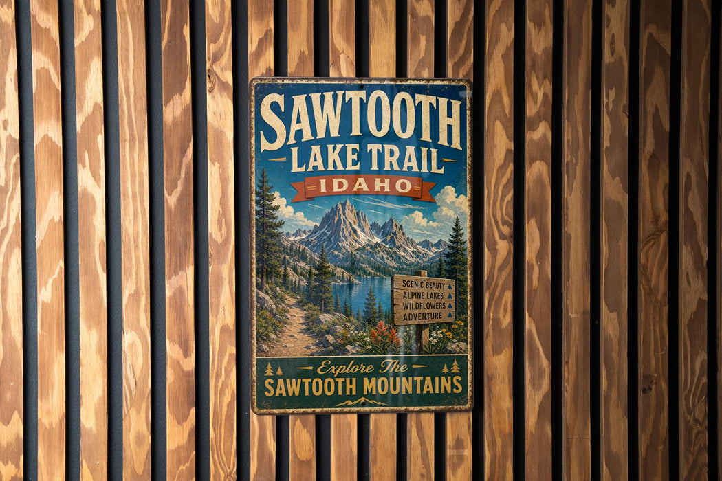 A vintage metal sign for the Sawtooth Lake Trail in Idaho, featuring a scenic mountain landscape and inviting visitors to explore the Sawtooth Mountains.