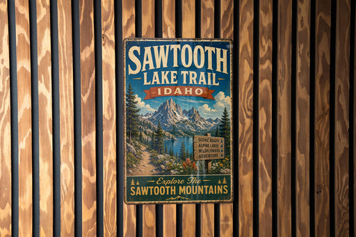 A vintage metal sign for the Sawtooth Lake Trail in Idaho, featuring a scenic mountain landscape and inviting visitors to explore the Sawtooth Mountains.