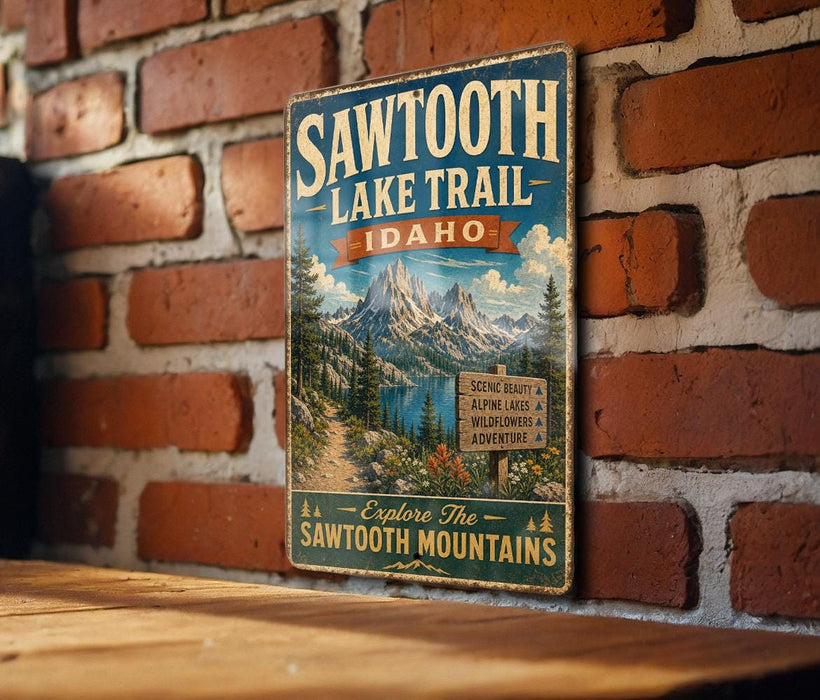 A vintage-style metal sign for the Sawtooth Lake Trail in Idaho, featuring a scenic mountain landscape and inviting visitors to explore the Sawtooth Mountains.