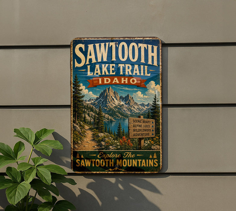 A vintage metal sign for the Sawtooth Lake Trail in Idaho, featuring a scenic mountain landscape and inviting visitors to explore the Sawtooth Mountains.
