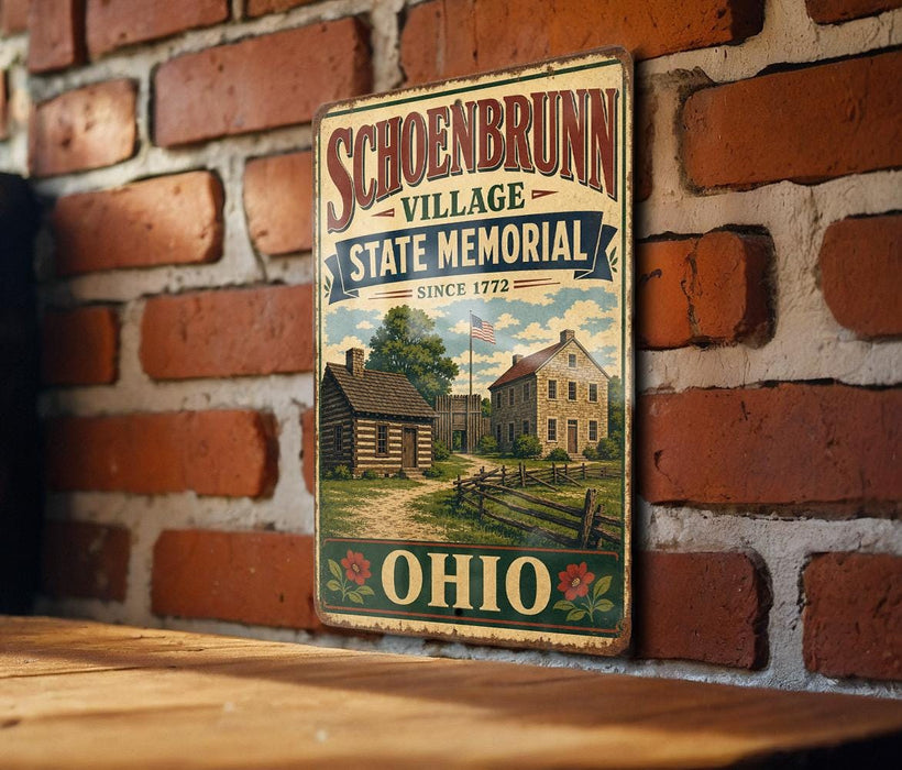 A vintage metal sign for Schoenbrunn Village State Memorial in Ohio, featuring an illustration of a log cabin and a brick building.