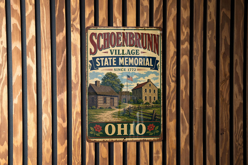A vintage-style metal sign for Schoenbrunn Village State Memorial in Ohio, featuring a wooden house and a flag, mounted on a wooden wall.