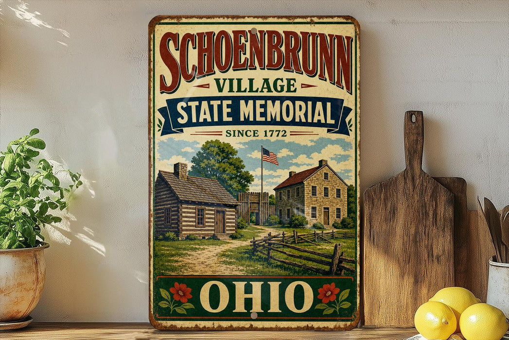 a vintage-style sign for Schoenbrunn Village, which is a State Memorial located in Ohio. The sign displays a picture of a log cabin and a small house, along with the text "Schoenbrunn Village State Memorial Since 1772" and "OHIO". The sign is placed on a shelf next to a wooden cutting board and a potted plant.