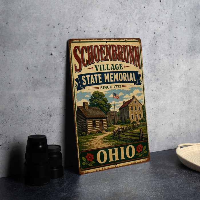 a vintage-style metal sign with a picture of a village and a state memorial, placed on a gray surface next to some black camera lenses.
