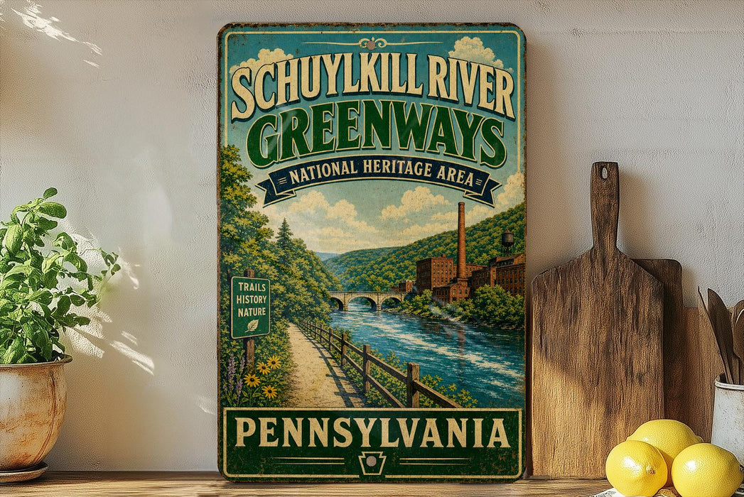a vintage-style sign for the Schuykill River Greenways National Heritage Area in Pennsylvania, with a scenic illustration of a river, bridge, and forest.