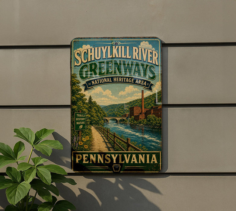 A vintage-style sign for the Schuykill River Greenways National Heritage Area in Pennsylvania, featuring a scenic illustration of a river, bridge, and surrounding landscape.