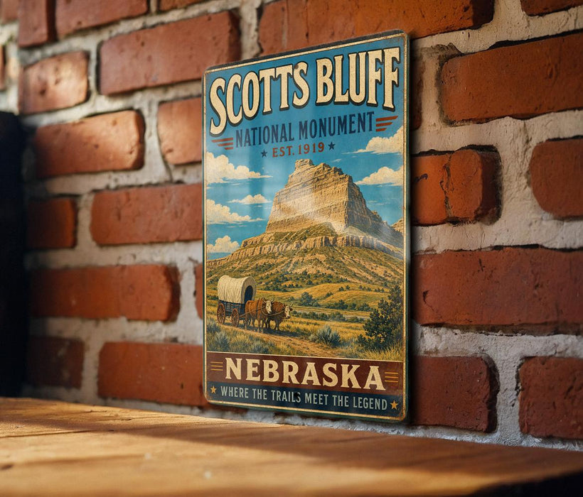 A vintage-style metal sign for the National Monument in Nebraska, featuring a wagon traveling through the landscape.