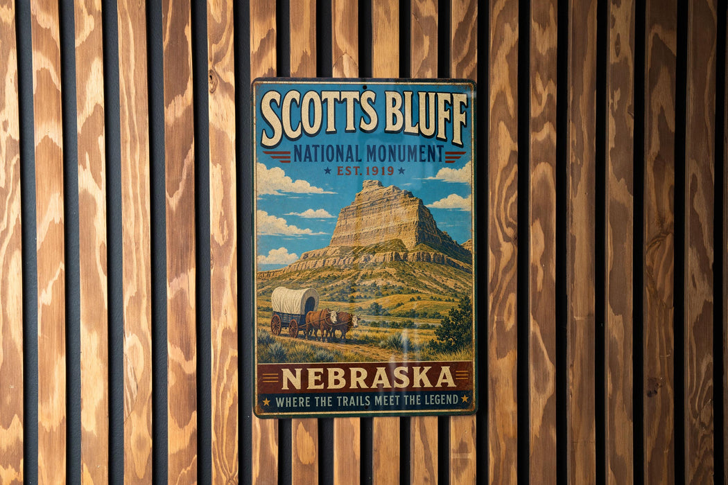 A vintage-style metal sign for the National Monument in Nebraska, featuring a wagon on a trail and a mountain in the background.