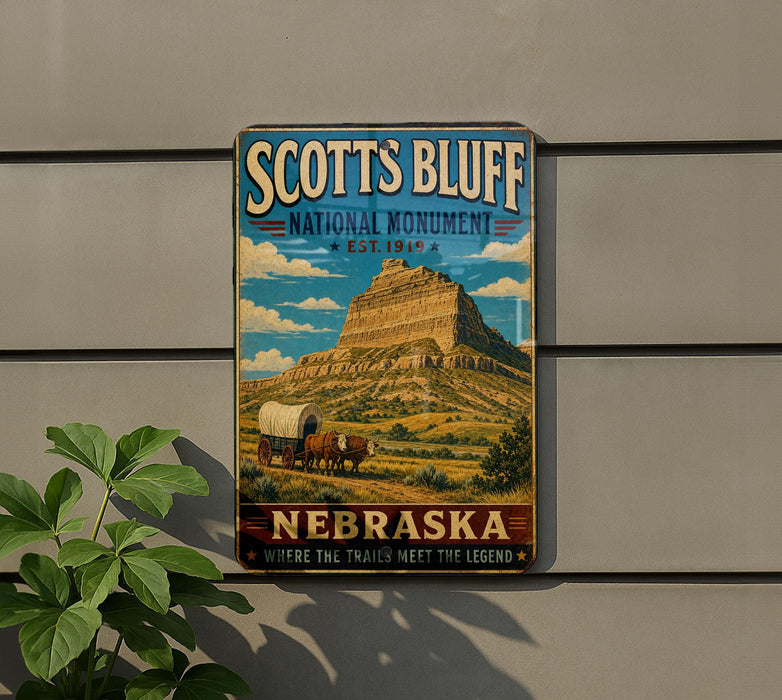 A vintage-style metal sign for the National Monument in Nebraska, featuring a wagon train and a mountain landscape.