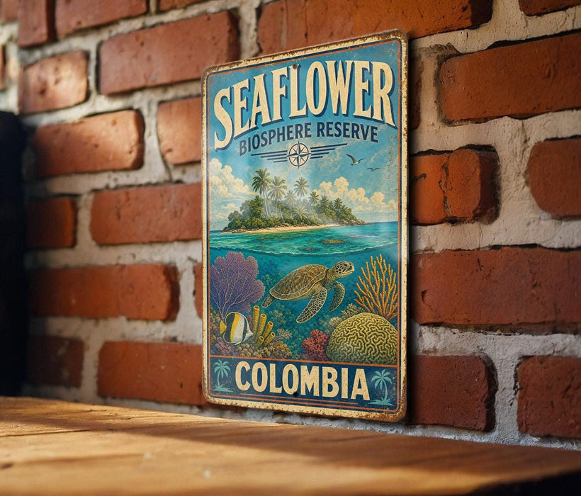 A vintage-style metal sign with a tropical island and sea turtle illustration, mounted on a brick wall.