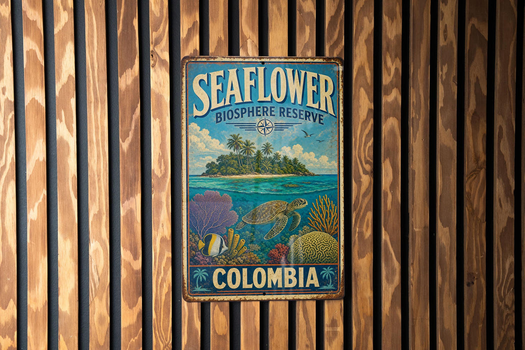 A vintage metal sign with a tropical island and sea turtle illustration, mounted on a wooden wall.