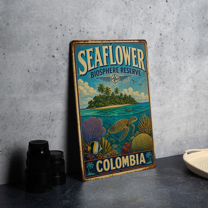 A vintage-style metal sign for the Seaflower Biosphere Reserve in Colombia, featuring an illustration of a tropical island, sea turtle, and coral reef.