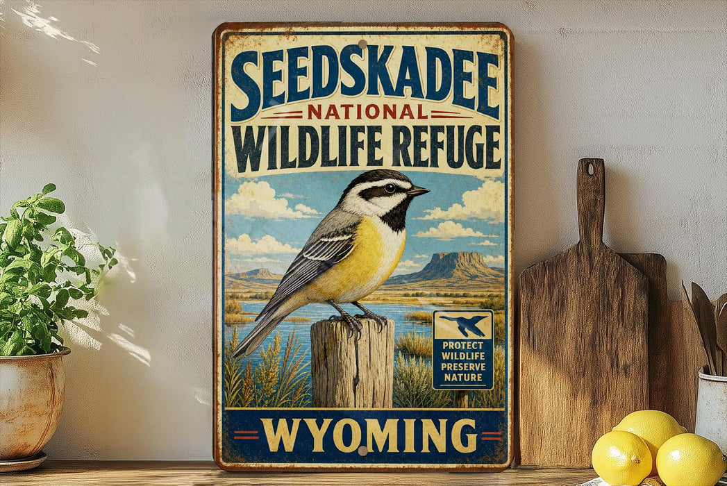 A vintage-style sign for the Seedskadee National Wildlife Refuge in Wyoming, featuring a bird perched on a wooden post against a scenic landscape.