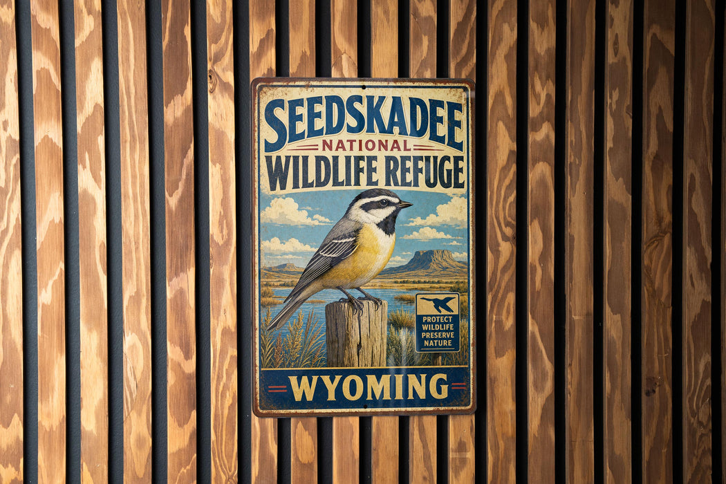 A vintage-style metal sign for the Seedskadee National Wildlife Refuge in Wyoming, featuring a bird perched on a wooden post against a backdrop of a blue sky and mountains.