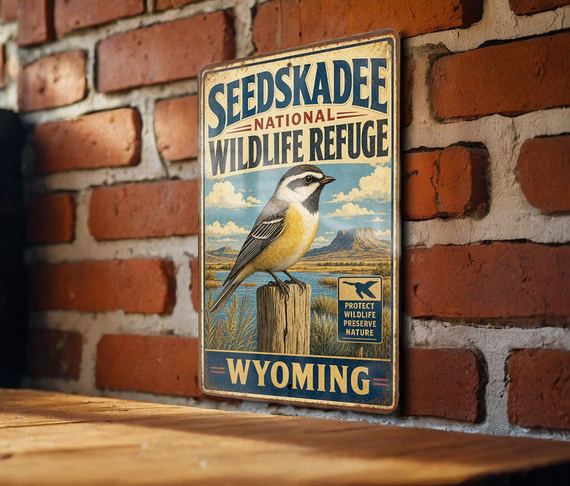 A vintage-style metal sign for the Seedskadee National Wildlife Refuge in Wyoming, featuring a bird perched on a wooden post against a brick wall.