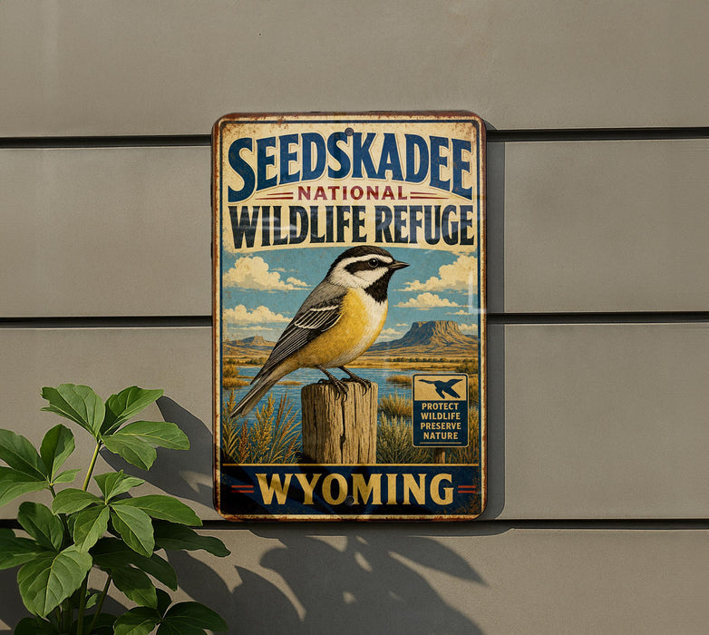 A vintage-style metal sign for the Seedskadee National Wildlife Refuge in Wyoming, featuring a bird perched on a wooden post against a scenic landscape.