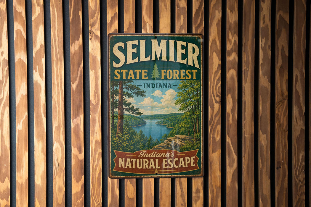 A vintage-style metal sign for Selmier State Forest in Indiana, featuring a scenic landscape with a lake and forest.
