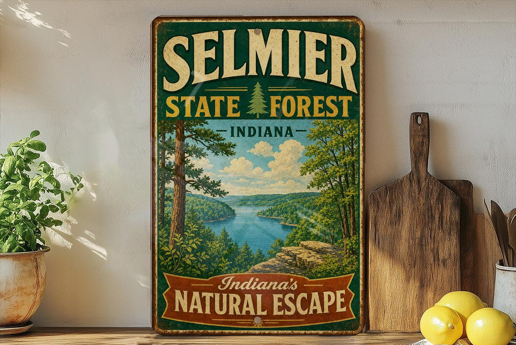 A vintage-style sign for Selmie State Forest in Indiana, featuring a scenic landscape with a river and trees.