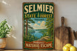 A vintage-style sign for Selmie State Forest in Indiana, featuring a scenic landscape with a river and trees.