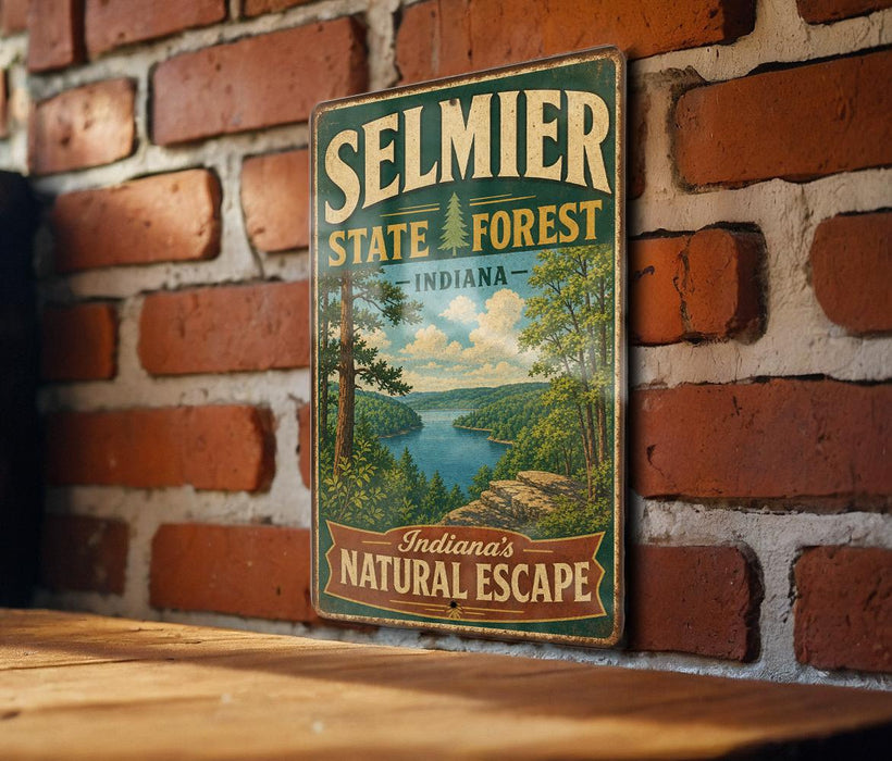 A vintage-style metal sign for Selmier State Forest in Indiana, featuring a scenic landscape with a lake and trees.