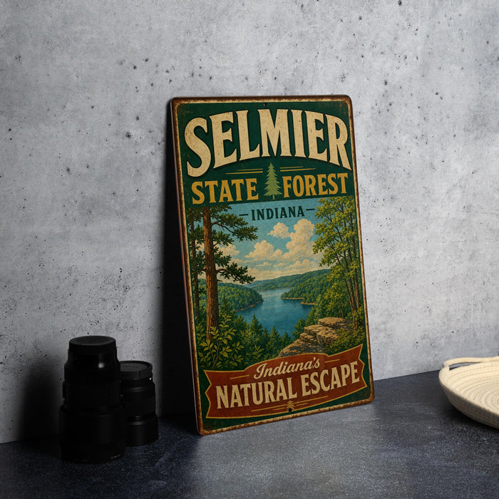 A vintage-style metal sign for Selmier State Forest in Indiana, featuring a scenic landscape with a river and trees.
