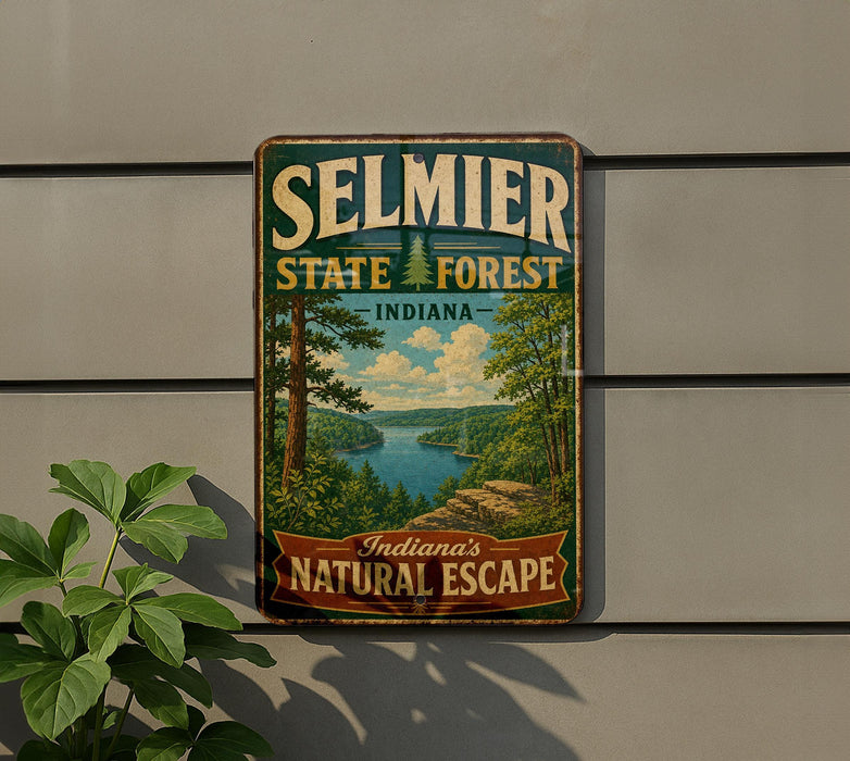 A vintage-style metal sign for Selmier State Forest in Indiana, featuring a scenic landscape with trees, a river, and a cloudy sky.
