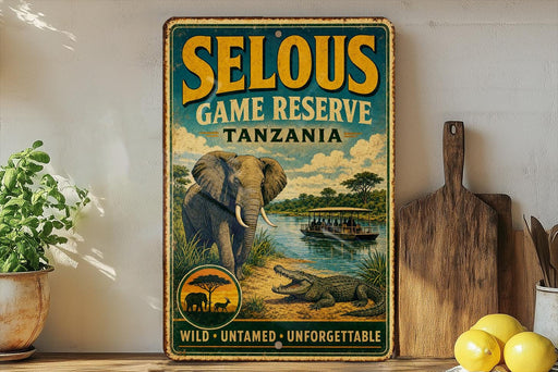 A vintage-style metal sign advertising the Selous Game Reserve in Tanzania, featuring an illustration of an elephant and a crocodile in a natural setting.