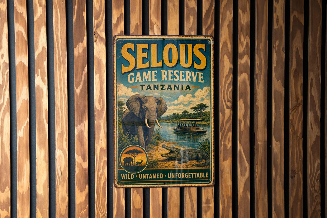 A vintage metal sign advertising the Selous Game Reserve in Tanzania, featuring an illustration of an elephant and a boat on a river.