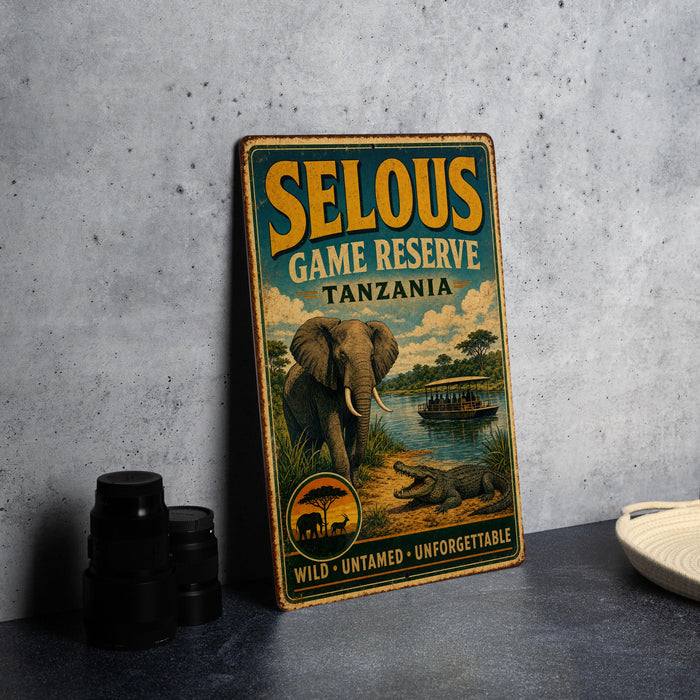 A vintage-style metal sign advertising the Selous Game Reserve in Tanzania, featuring an illustration of elephants, crocodiles, and a boat on a river.