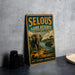 A vintage-style metal sign advertising the Selous Game Reserve in Tanzania, featuring an illustration of elephants, crocodiles, and a boat on a river.