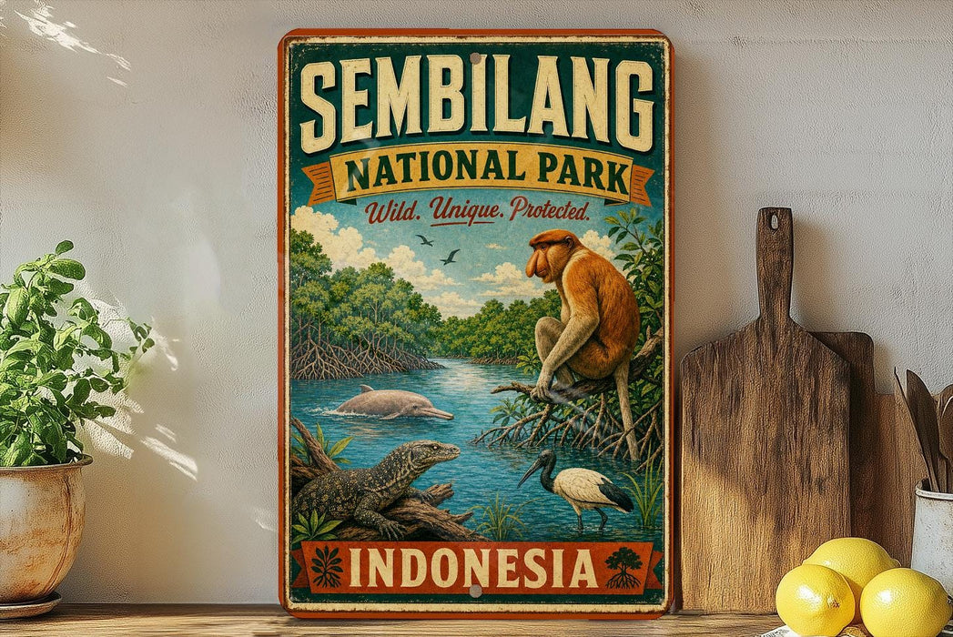 a vintage-style poster of the Sembilang National Park in Indonesia, showcasing various wildlife and natural elements such as a monkey, a dolphin, and a bird.