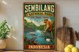 a vintage-style poster of the Sembilang National Park in Indonesia, showcasing various wildlife and natural elements such as a monkey, a dolphin, and a bird.