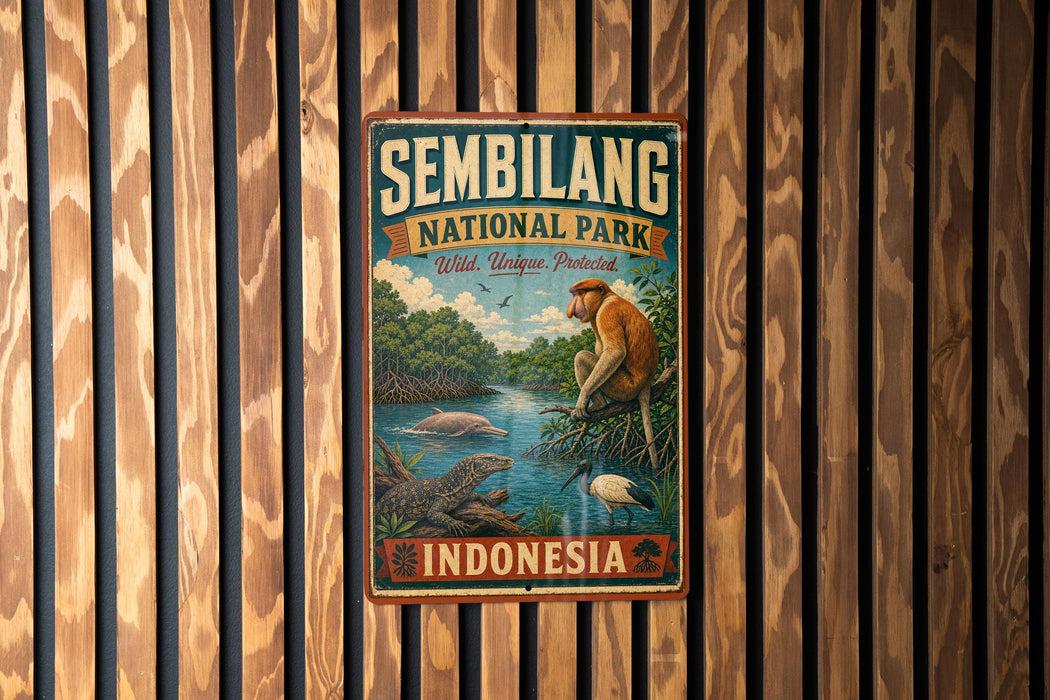 a vintage-style metal sign for Sembilang National Park, Indonesia, with a colorful illustration of a monkey and other wildlife in the background.