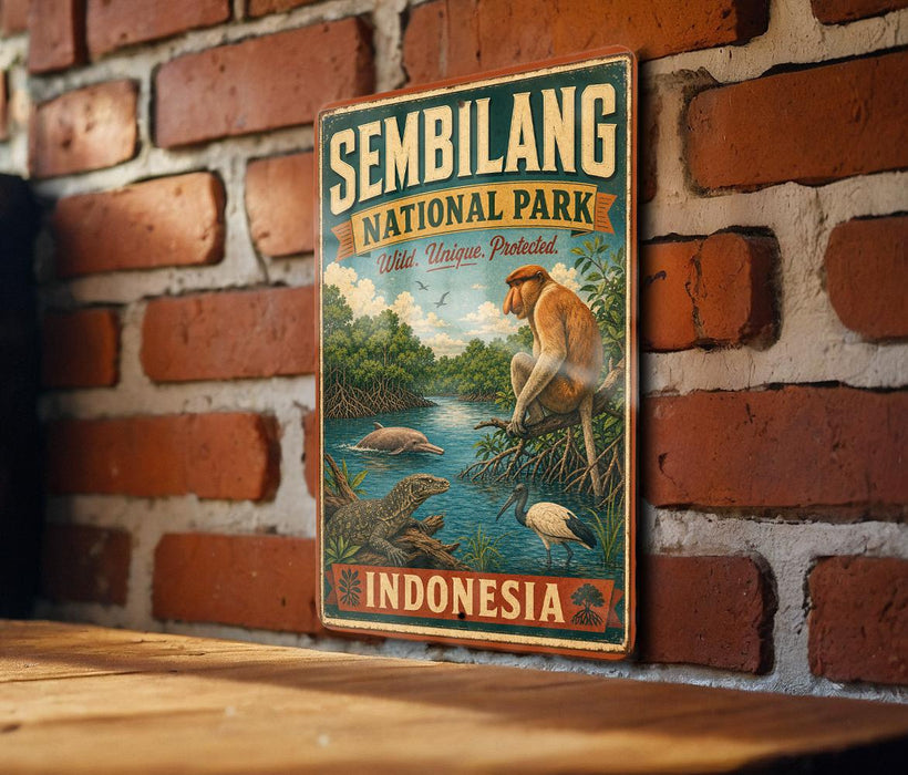A vintage-style metal sign for the Sembilang National Park in Indonesia, featuring an illustration of a monkey and various wildlife in a natural setting.