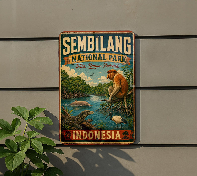 a vintage-style sign for the Sembilang National Park, which is a wildlife park in Indonesia. The sign depicts various animals, including a monkey, a bird, and a crocodile, along with a river and lush greenery. The sign is mounted on a wall, and there is a plant visible in the foreground.