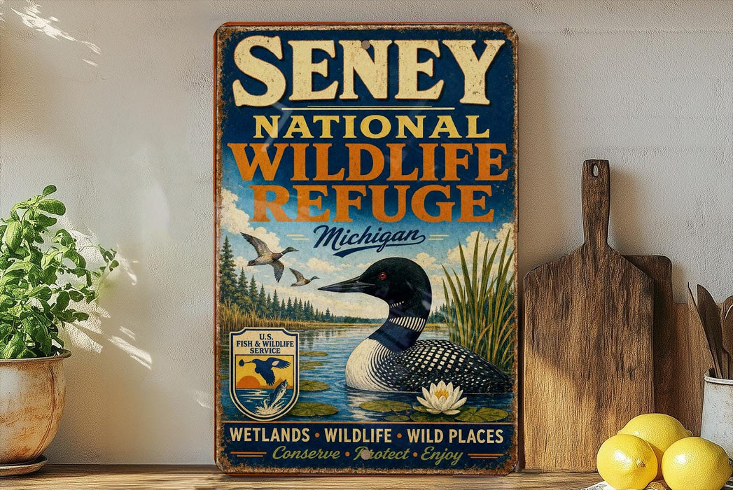 A vintage-style metal sign for Senney National Wildlife Refuge in Michigan, featuring an illustration of a loon and a water loon in a lake surrounded by trees and a water loon.