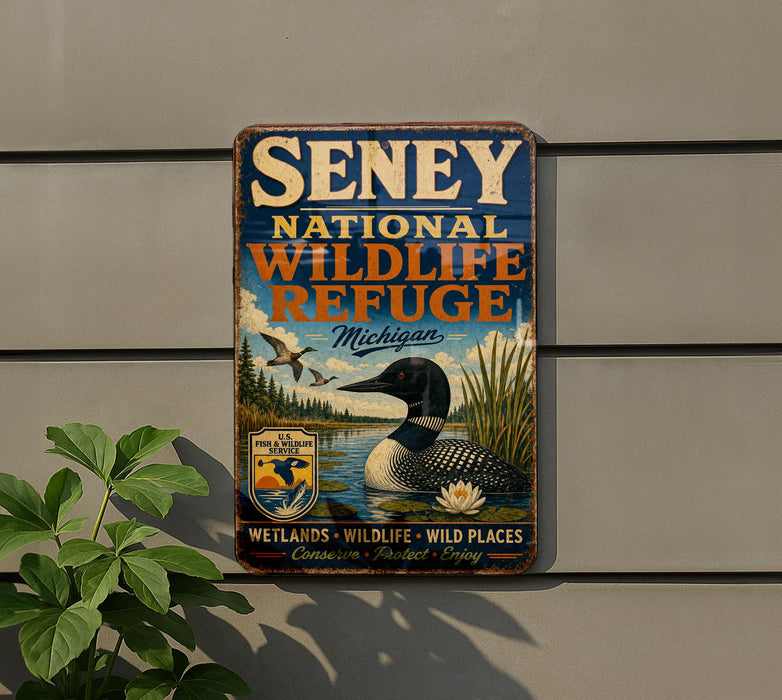 A vintage-style metal sign for Senney National Wildlife Refuge in Michigan, featuring an illustration of a loon and various wildlife elements.