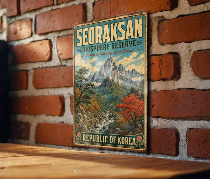 a vintage-style sign for the Seoraksan Biosphere Reserve, which is a nature reserve in South Korea. The sign is mounted on a brick wall and depicts a scenic mountain landscape with a river flowing through it.