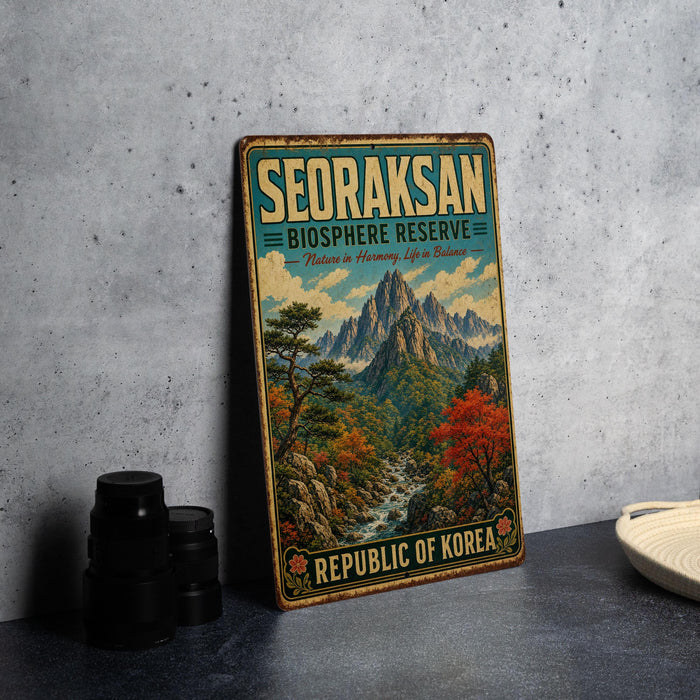 a vintage metal sign for the Seoraksan Biosphere Reserve, a nature reserve in South Korea.