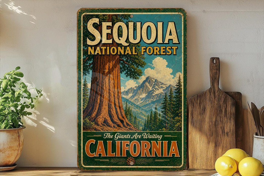 A vintage-style metal sign for Sequoia National Forest in California, featuring a large tree and mountains in the background.