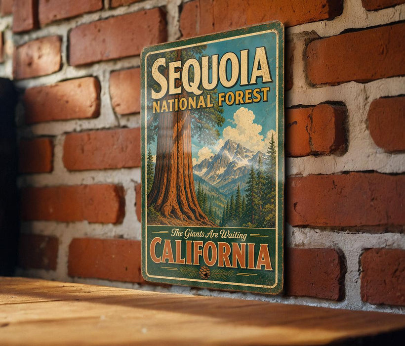 A vintage metal sign for Sequoia National Forest in California, featuring a large image of a sequoia tree and mountains in the background.
