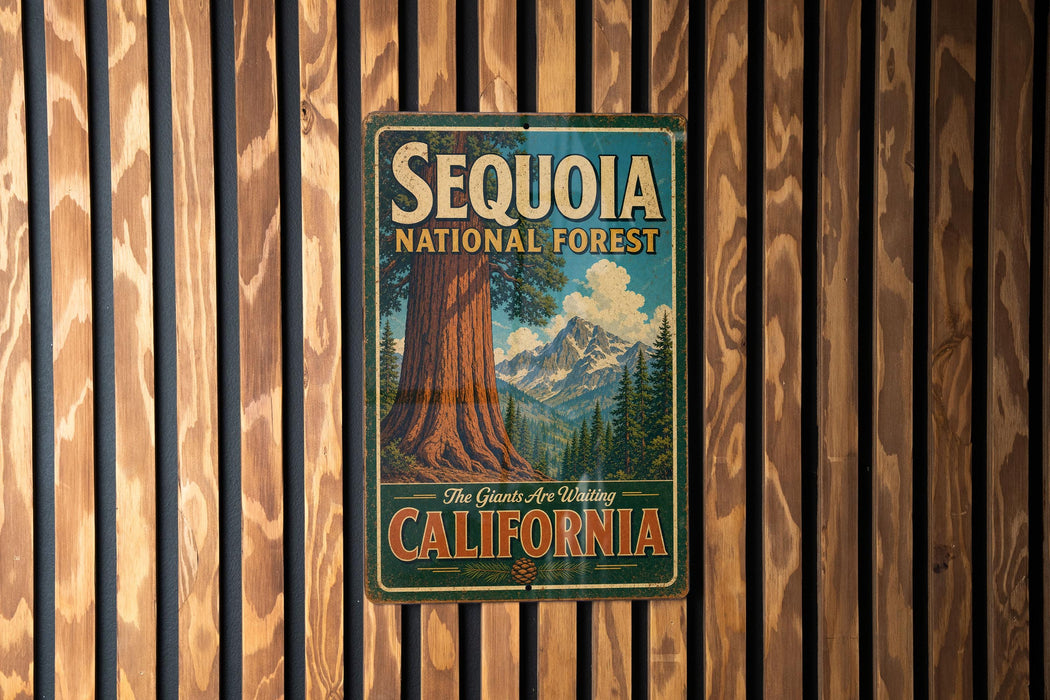 A vintage metal sign with the text "SEQUOIA NATIONAL FOREST" and "The Giants Are Waiting" hangs on a wooden wall.