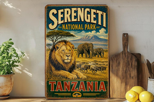 A vintage-style sign for Serengeti National Park in Tanzania, featuring a lion and elephants in a grassy field with a mountain in the background.